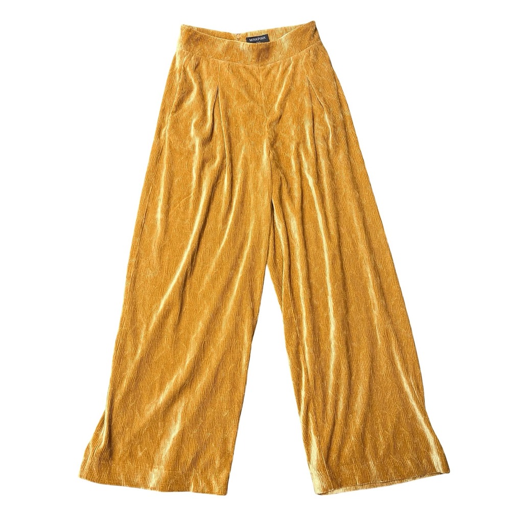 MINKPINK Gold Crushed Velvet Ribbed‎ Wide Leg Pants Medium Boho Retro